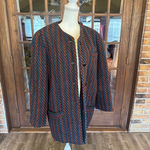 Jaeger Vintage Black  100% Wool Multicolor Coat 16 - Picture 10 of 10